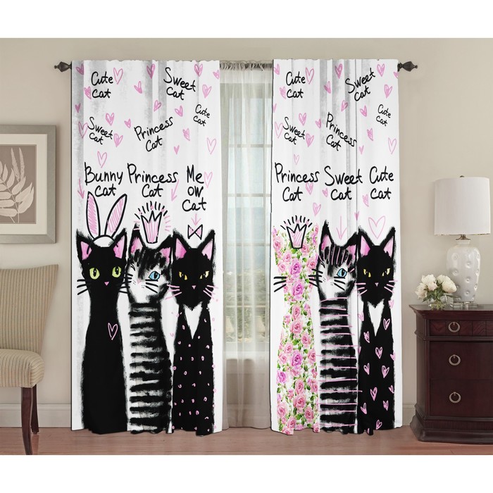Комплект штор ТамиТекс Счастливые кошки, 147х267+,-3 см, 2 штуки, габардин