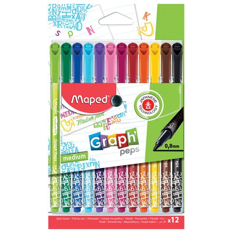

Ручки капиллярные MAPED В НАБОРЕ из 12 штук, Graph Pep's, АССОРТИ, трехгранные, 0,8 мм