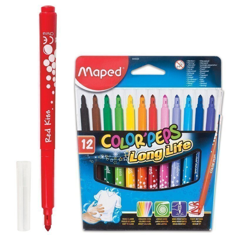 фото Фломастеры maped (франция) "color pep's", 12 цветов, смываемые, трехгранные, 845020