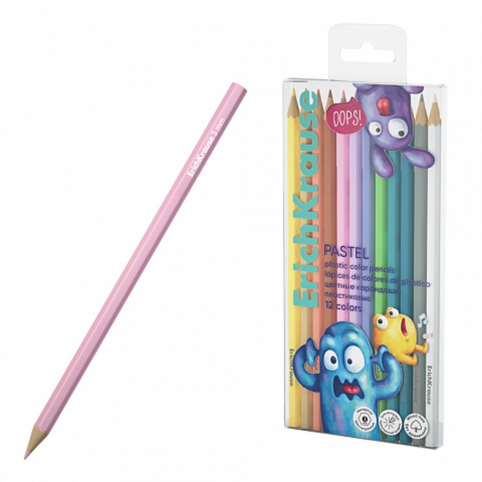 

Карандаши ErichKrause Jolly Friends Pastel, 12 цветов пластик, шестигранные, европодвес