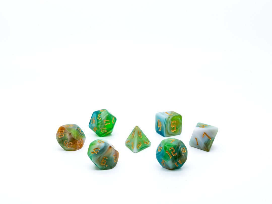 Набор кубиков для D&D, Dungeons and Dragons, ДнД, Pathfinder многоцветные зелёно-белые