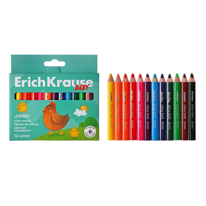 

Карандаши ErichKrause Baby Jumbo 12 цветов, укороченные трехгранные, деревянные