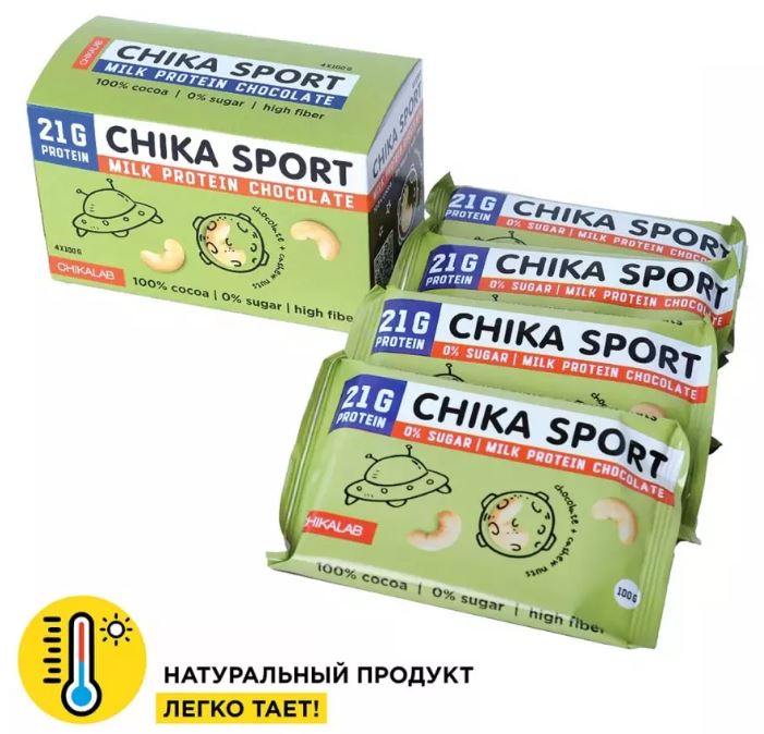 

Протеиновый молочный шоколад Bombbar CHIKA SPORT с кешью без сахара, 4шт по 100г