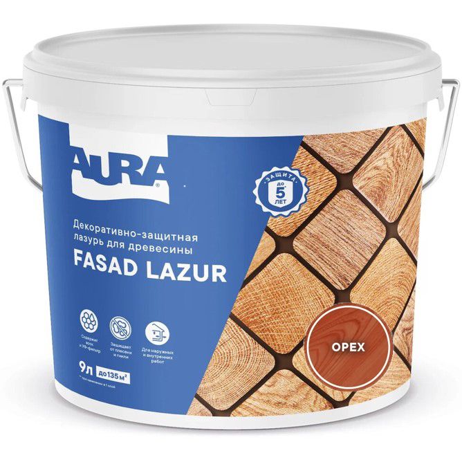

Декоративно-защитная лазурь для древесины "Aura Fasad Lazur" Орех 9л, Fasad Lazur