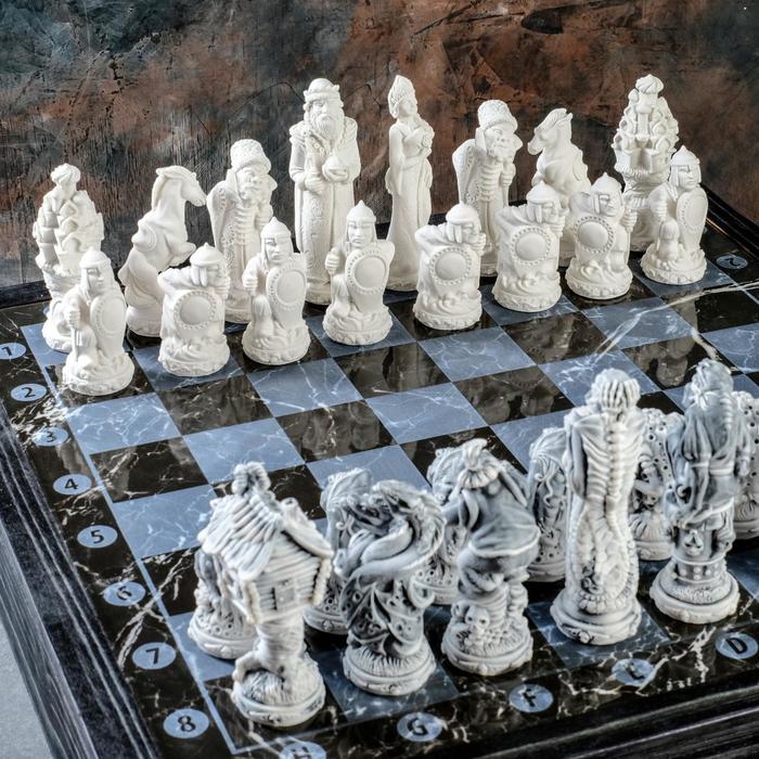 фото Фигуры шахматные "русские сказки" комплект 32штх11см, доска сувениры из мраморной крошки