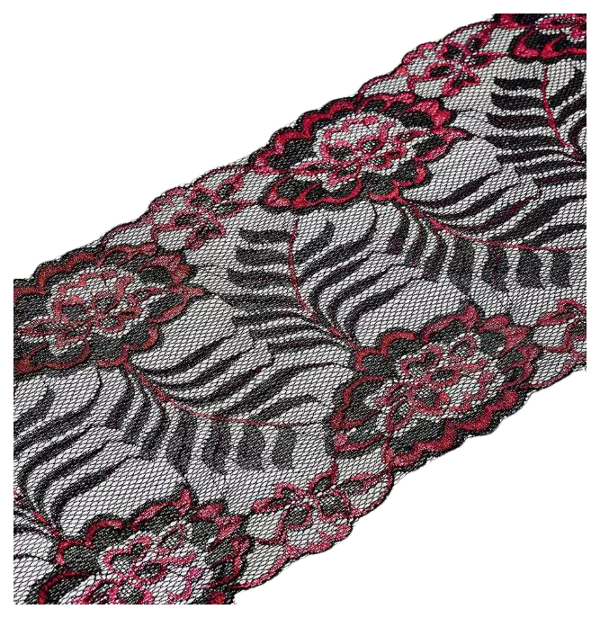 

Кружево эластичное двухцветное, 17 см х 13,72 м, цвет: бордовый, черный, арт. 3AR286