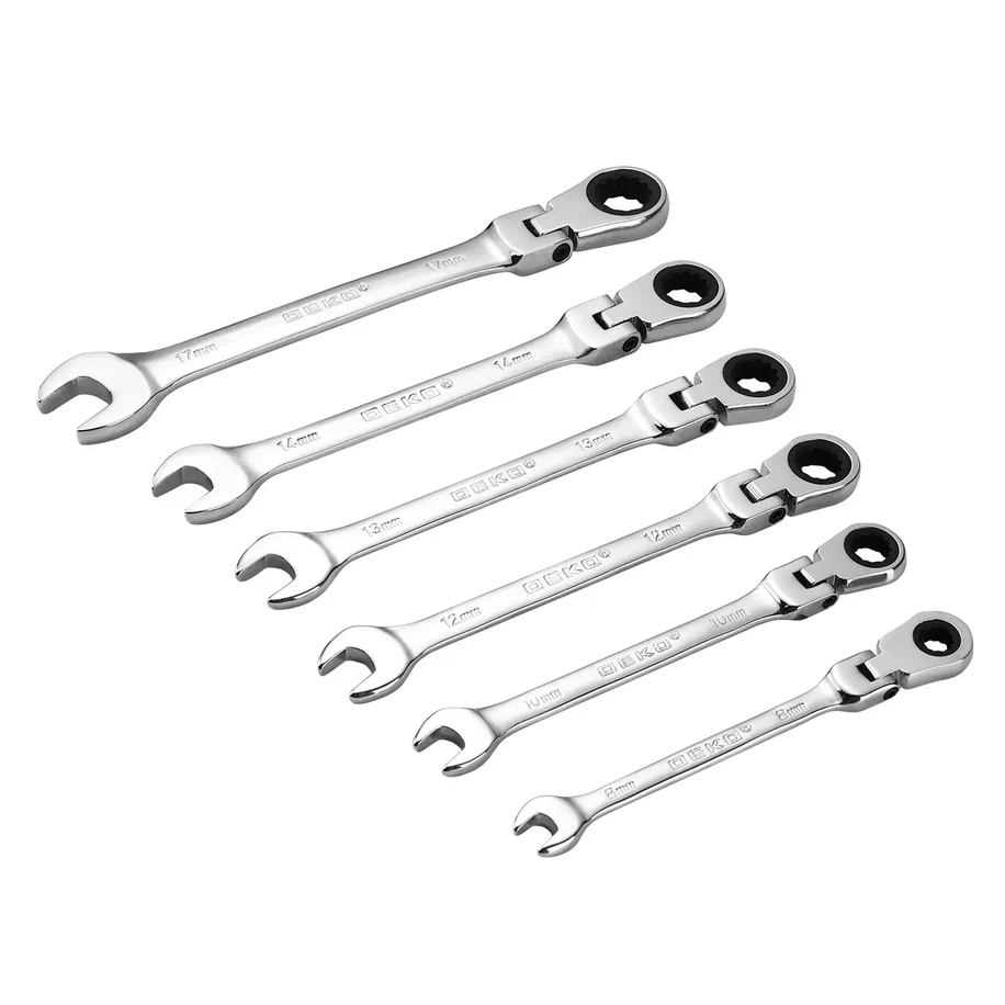 Ключи комбинированные трещоточные шарнирные в наборе DEKO RW02 8-17 мм, 6 предметов ложки пластиковые в наборе 12 штук серебро