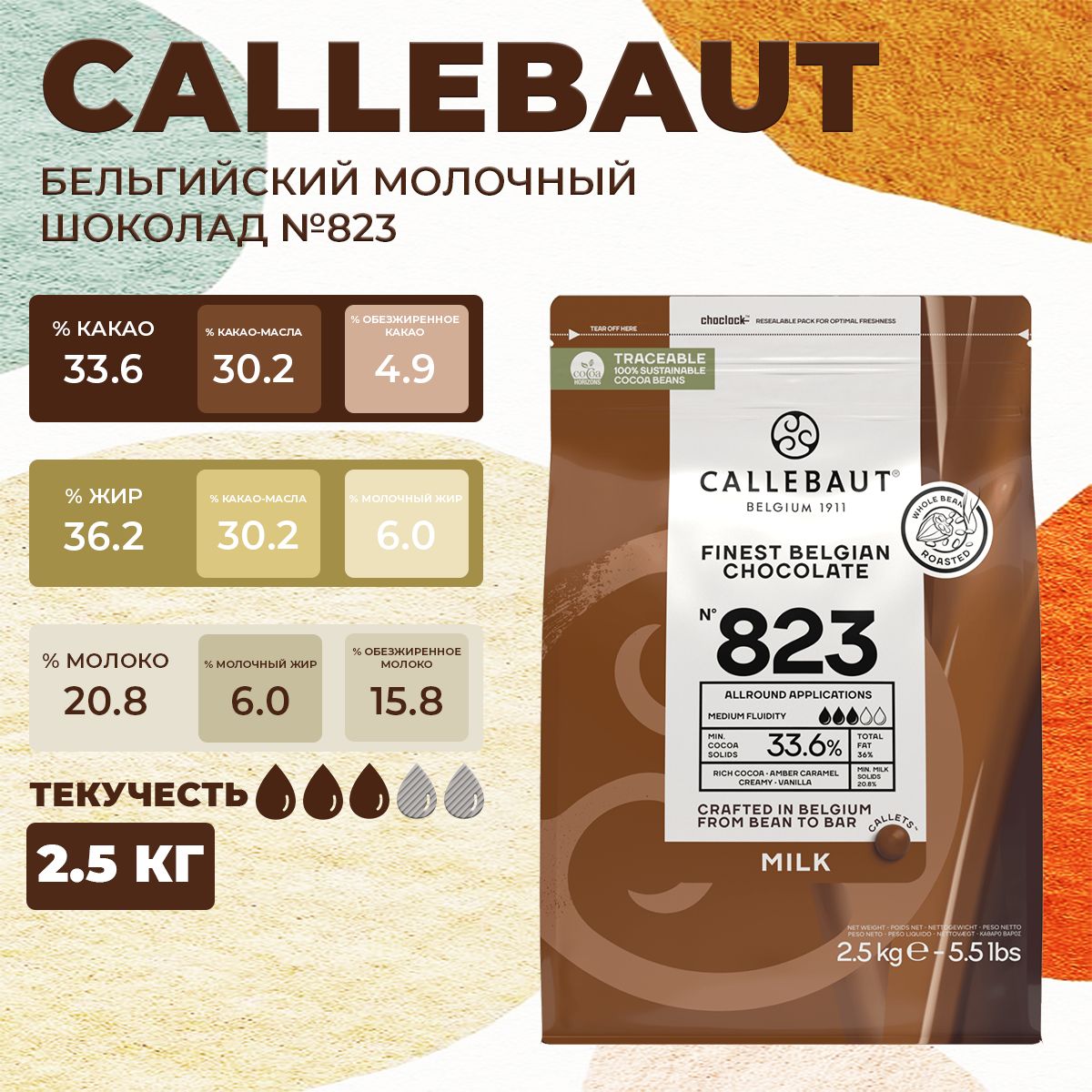 Шоколад молочный Callebaut бельгийский шоколад 33,6 % , 2,5 кг