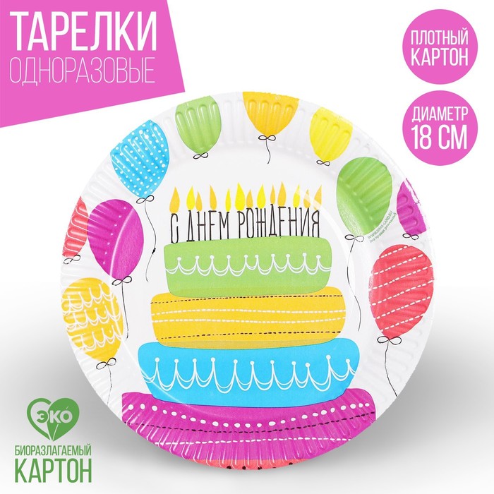 Тарелка бумажная «С днём рождения», торт, 18 см(10 шт.)