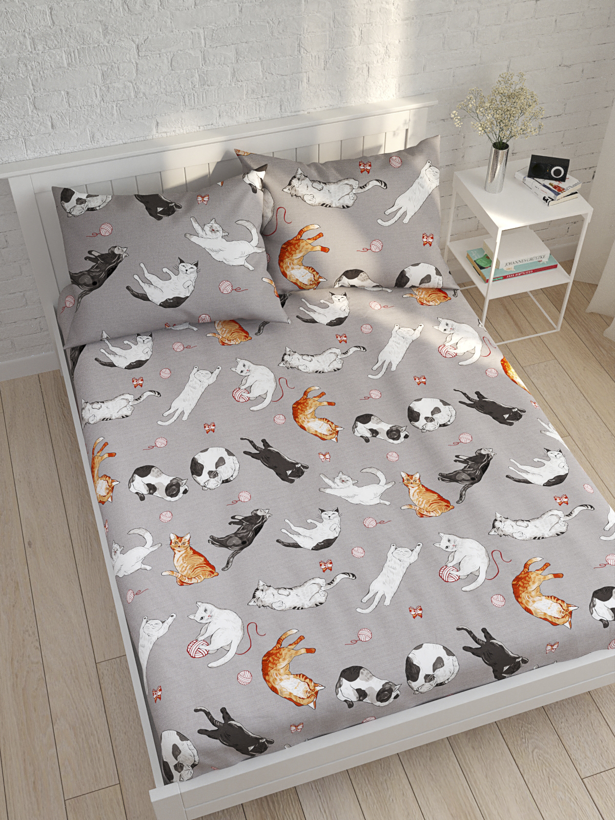 Простынь на резинке Simple House Kitties, 160х200 см, перкаль