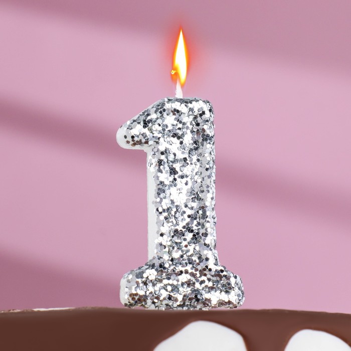 Свеча в торт «Блестки», цифра "1", серебро, 6,5 см