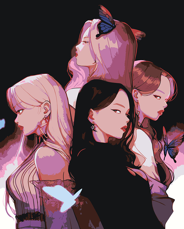 

Картина по номерам Цветное Группа BlackPink Блэк Пинк Джису, Дженни, Роза и Лиса 2