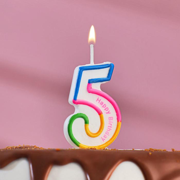 

Свеча для торта цифра "5" цветная полосочка, 7 см, Белый