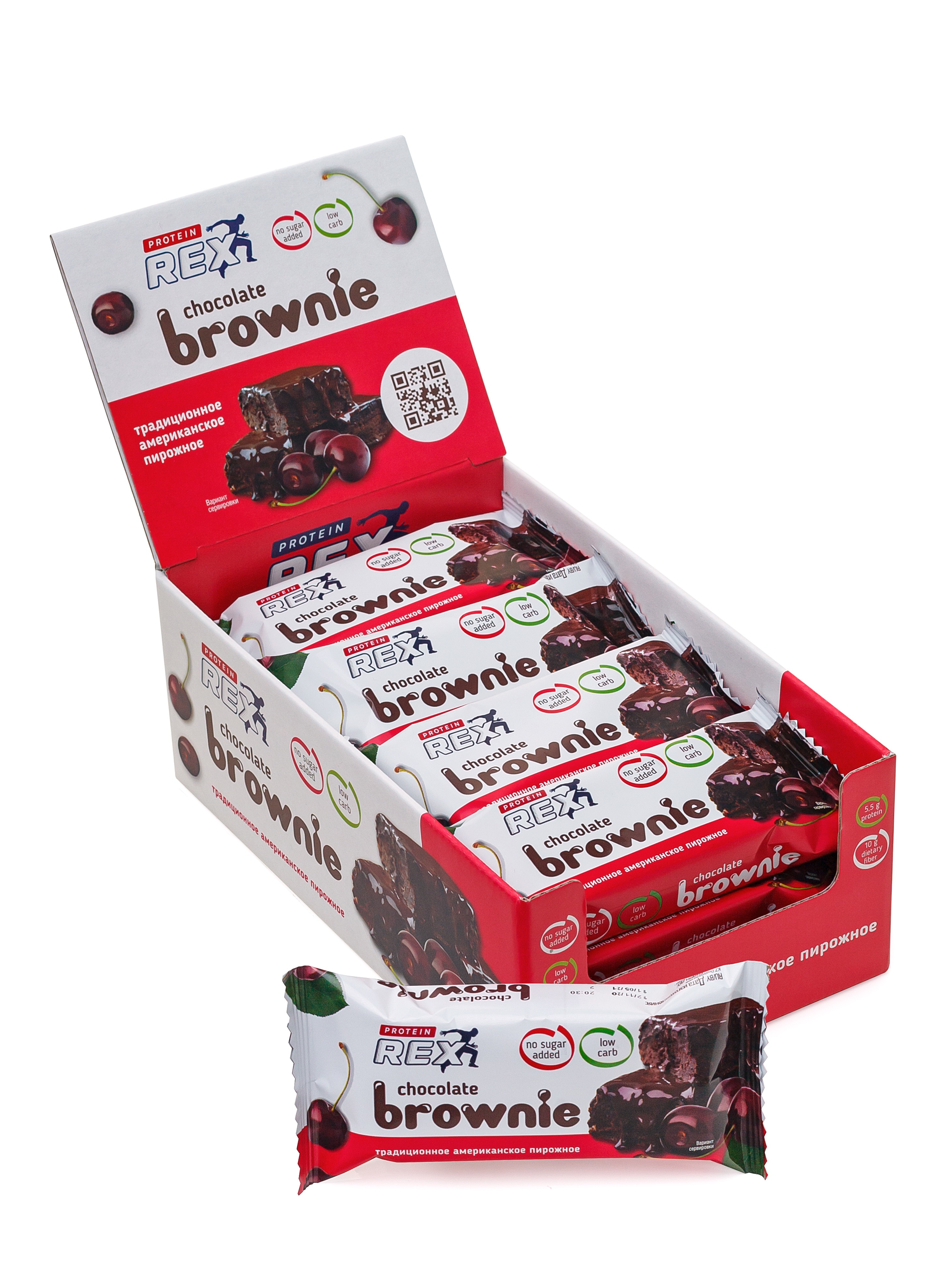 Протеиновые пирожные брауни Brownie без сахара (вишневый), 12шт х 50г, 170 ккал