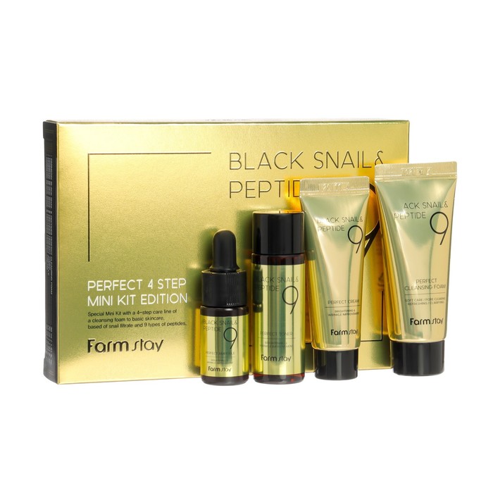 Набо миниатюр FarmStay Black Snail & Peptide Perfect 4 Step: пенка, тонер, сыворотка, крем