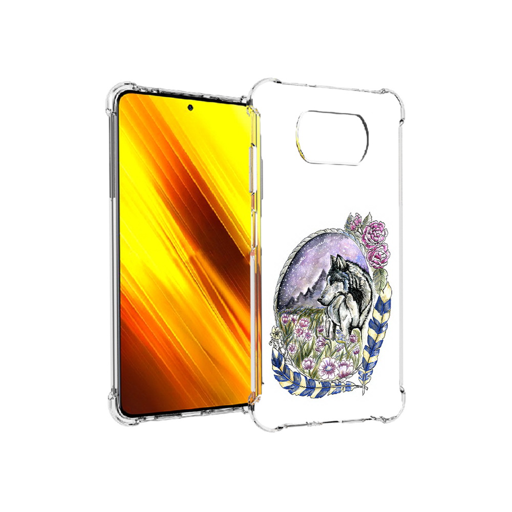 

Чехол MyPads Tocco для Xiaomi Poco X3 нарисованный волк в цветах с перьями, Прозрачный, Tocco