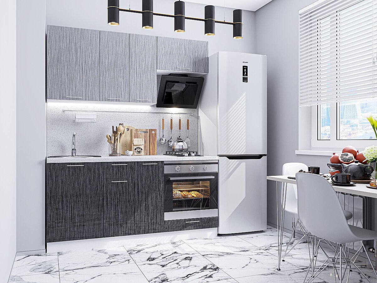 

Кухонный гарнитур Vivat Валерия-М-06 Серый дождь светлый/Черный дождь без столешницы