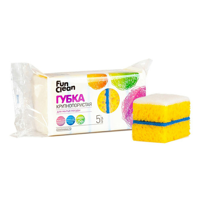 

Губка для посуды Fun Clean Крупнопористая, 5 шт, Желтый