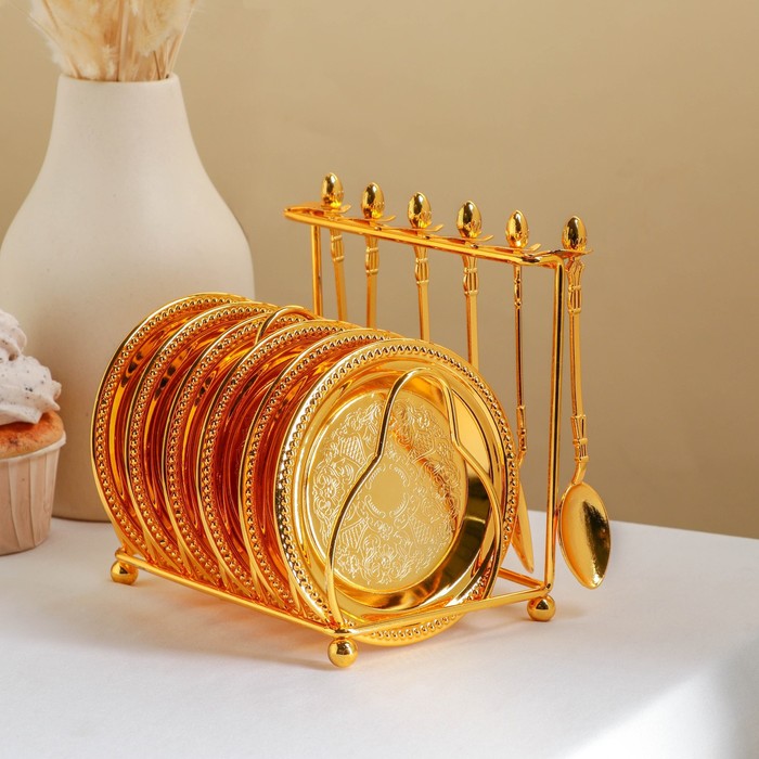 

Набор блюдец Prime, с подставкой, с ложками, 14,6×9×14 см, 6 шт, цвет золотой