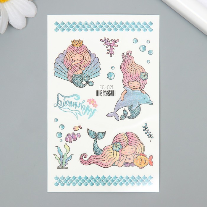 

Татуировки на тело Русалочка и дельфин, глиттер, цветные, переводные 7,5х12 см, Разноцветный