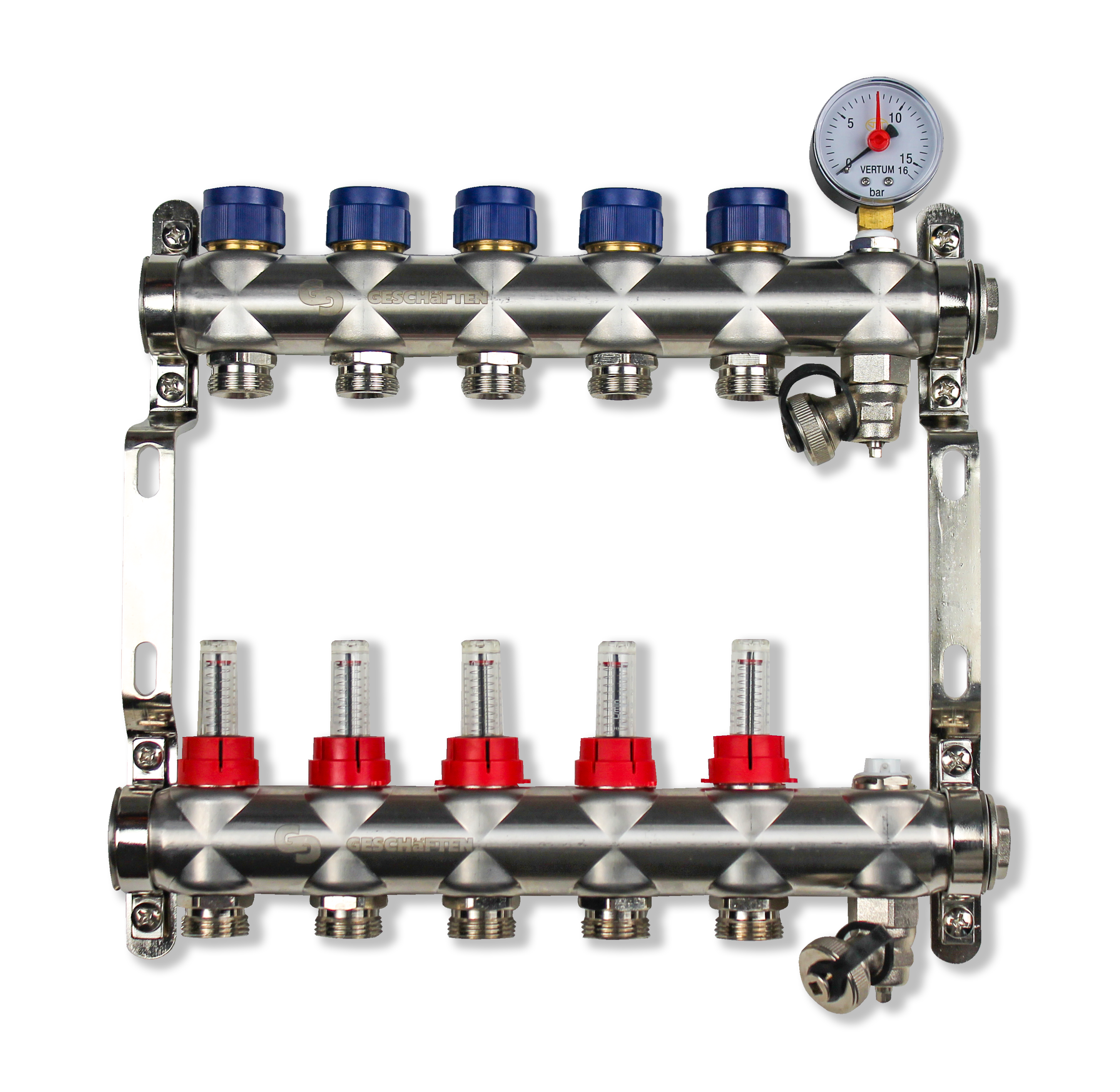 Коллектор нерж с расходомерами Geschaften 5 выходов евроконус 3/4 GS1185-5
