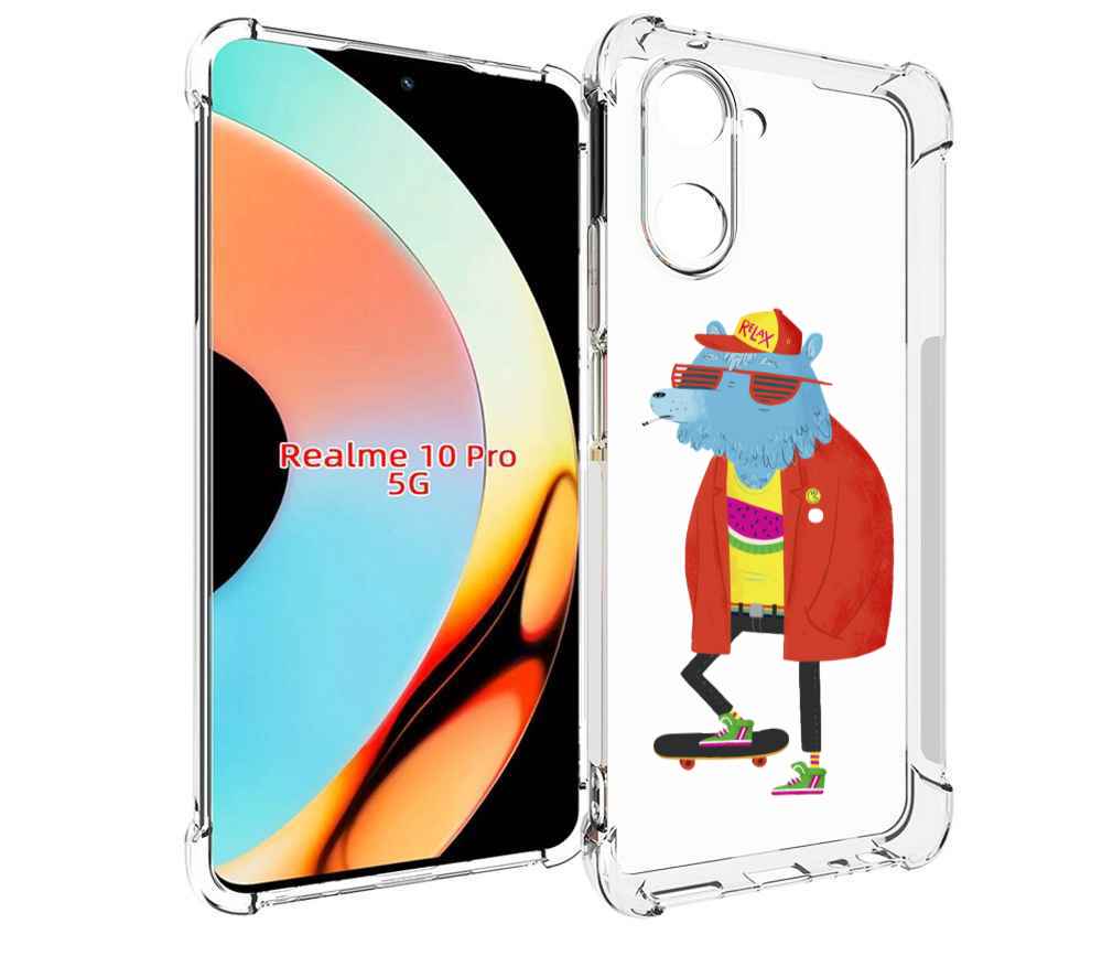 

Чехол бампер MyPads медведь на скейте для Realme 10 Pro противоу..., Прозрачный, Tocco