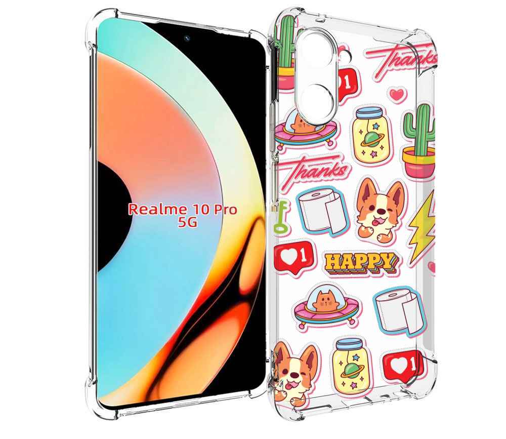 

Чехол бампер MyPads милые-стикеры-корги для Realme 10 Pro против..., Прозрачный, Tocco