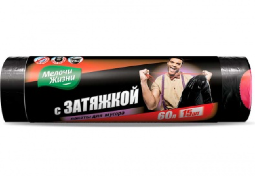 

Мешок для мусора 60л, в рул.15шт, с затяж, 12мкм Мелочи жизни