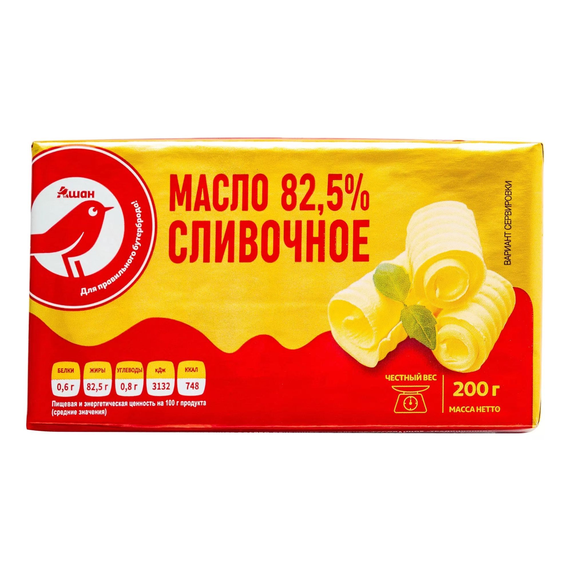 

Сливочное масло АШАН Красная птица 82,5% БЗМЖ 200 г
