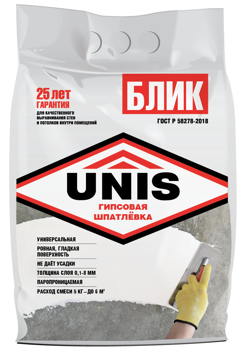 

Шпаклевка гипсовая UNIS Блик, 5кг, Белый