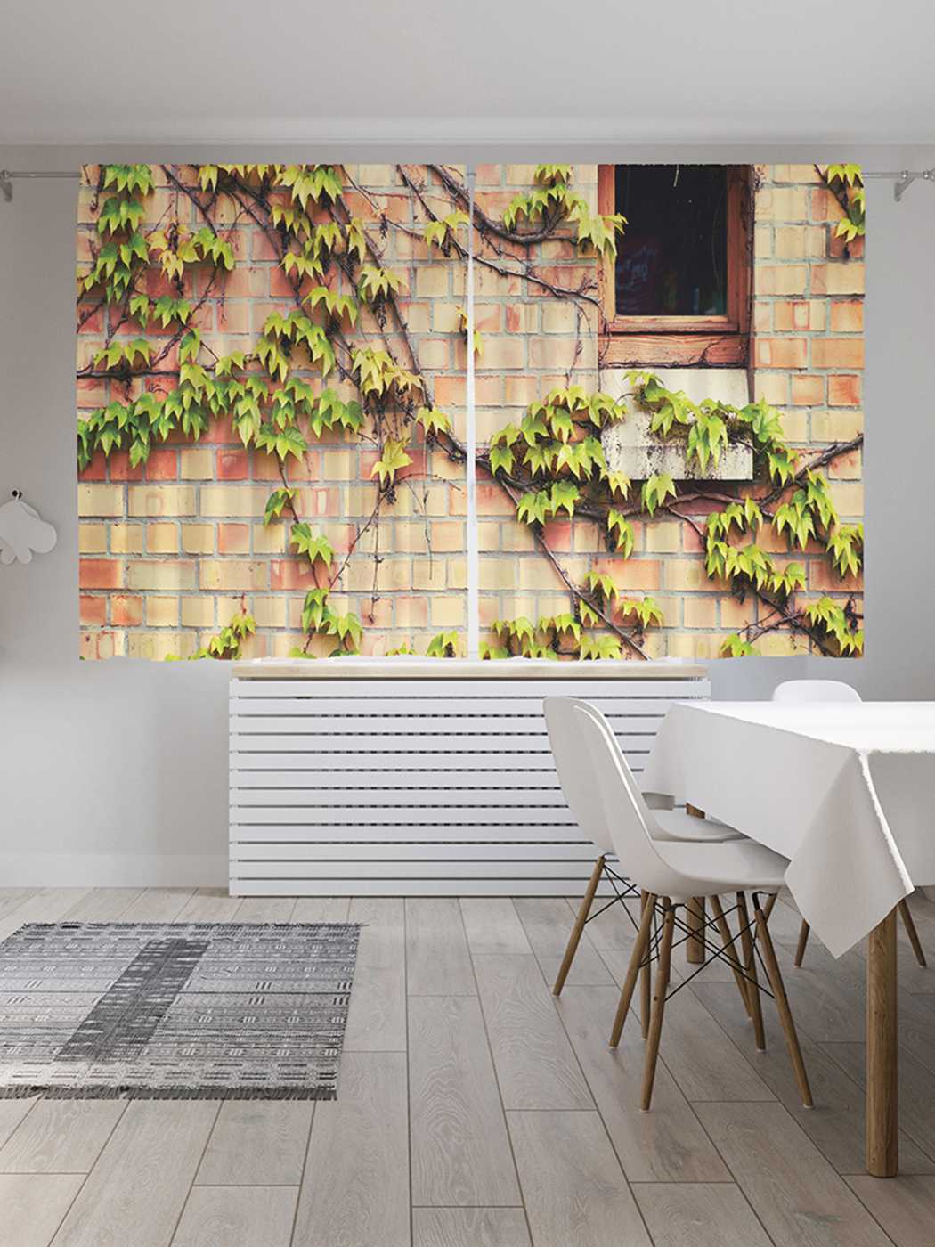 фото Шторы с фотопечатью joyarty "кирпичная стена и ветки" из сатена, 290х180 см