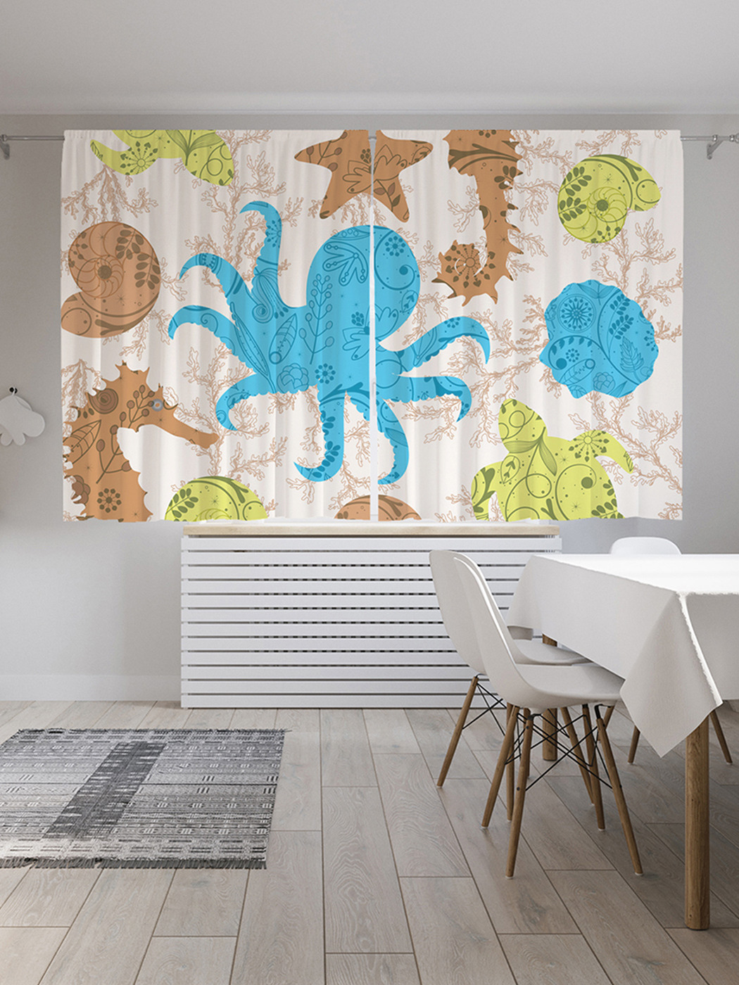 

Шторы с фотопечатью JoyArty "Осьминоги, морские коньки, ракушки" из сатена, 290х180 см