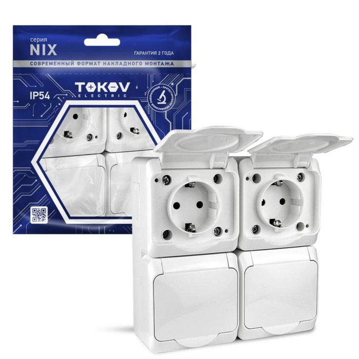 фото Розетка tokov electric, nix, 4-м, 16а, ip54, 250в, с з/к, с кр, белый