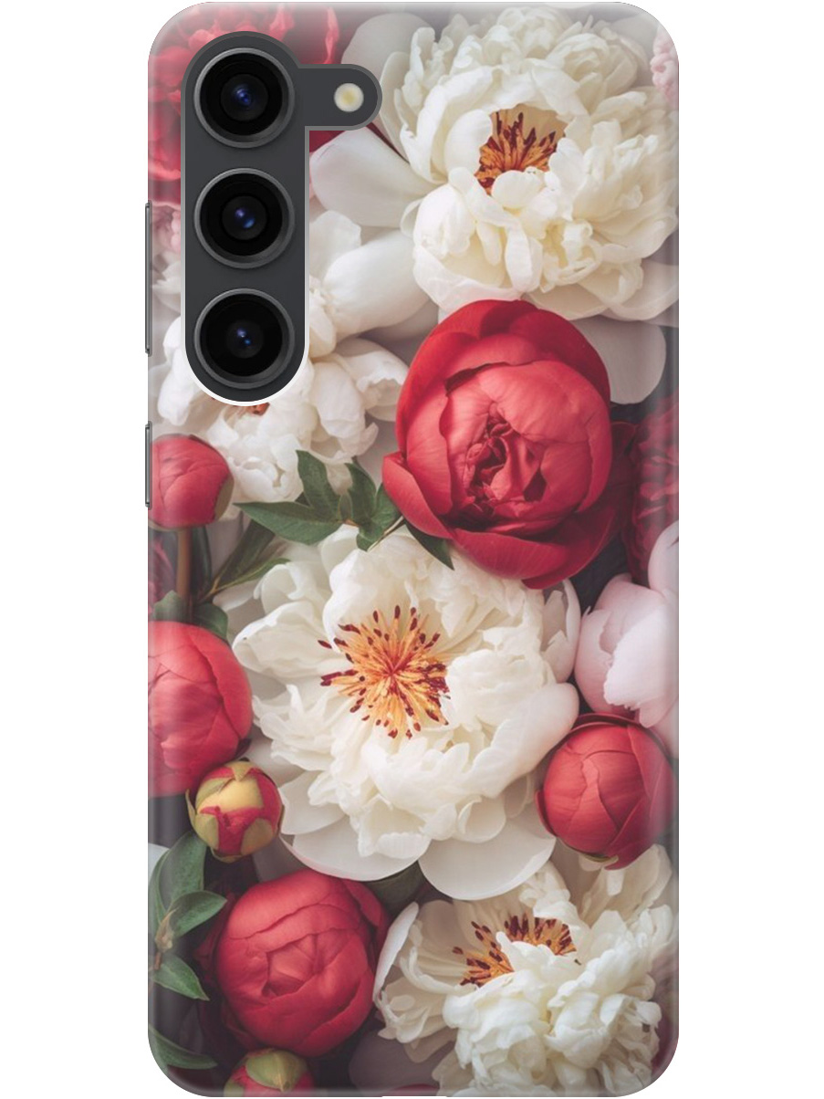 

Силиконовый чехол на Samsung Galaxy S23 с рисунком "Красно-белые пионы", Белый;красный, 20000883
