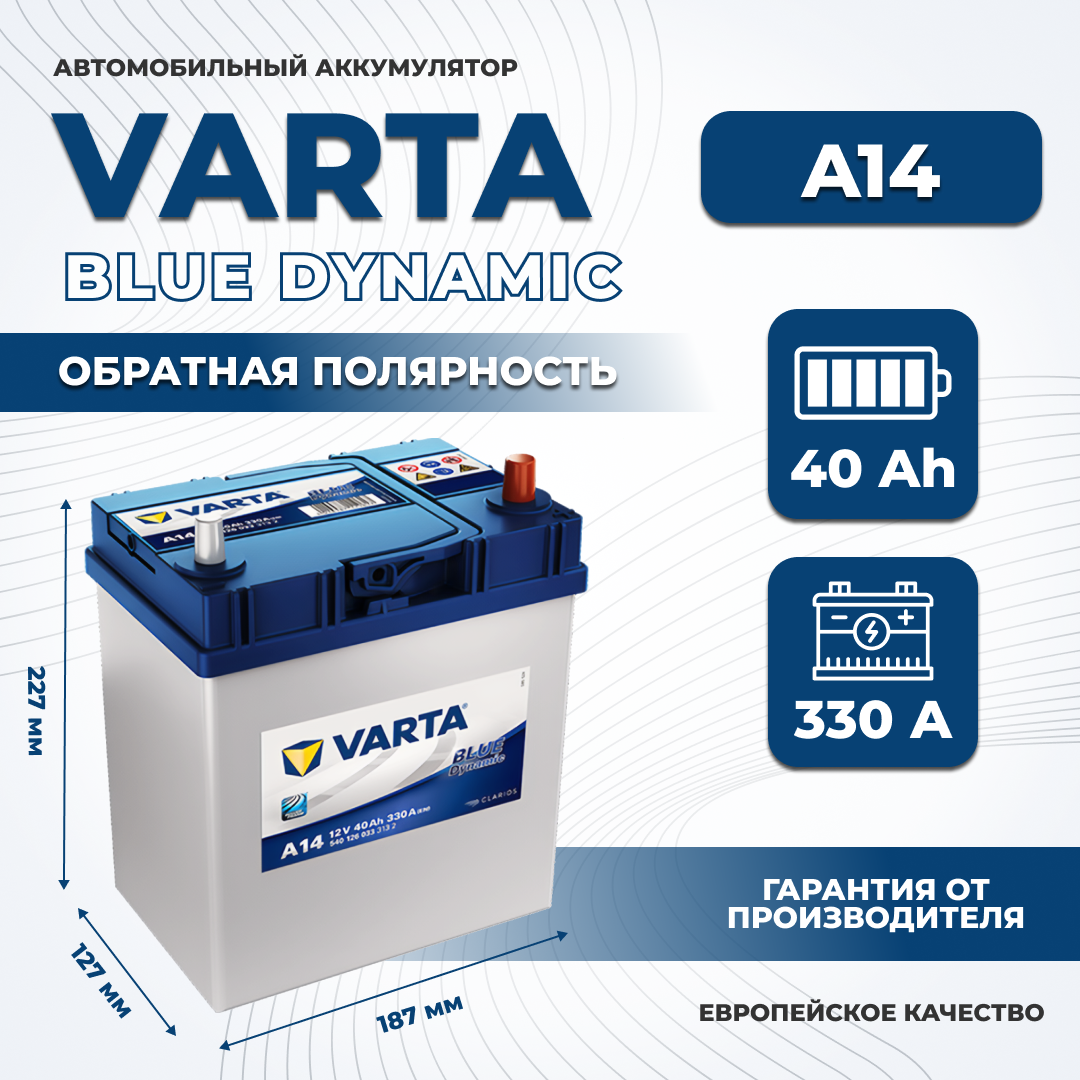 

Аккумулятор автомобильный VARTA Blue Dynamic A14 40Ah ОП 330A (540 126 033) Asia, VARTA 1