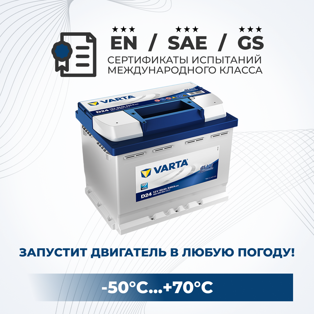 

Аккумулятор автомобильный VARTA Blue Dynamic D24 60Ah ОП 540A (560 408 054), VARTA 1
