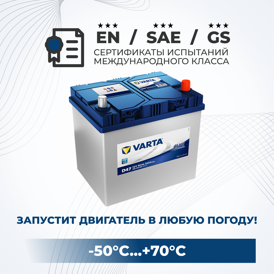 

Аккумулятор автомобильный VARTA Blue Dynamic D47 60Ah ОП 540A (560 410 054) Asia, VARTA 1
