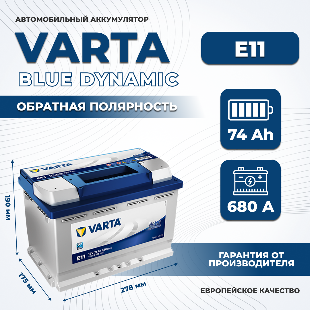 

Аккумулятор автомобильный VARTA Blue Dynamic E11 74Ah ОП 680A (574 012 068), VARTA 1