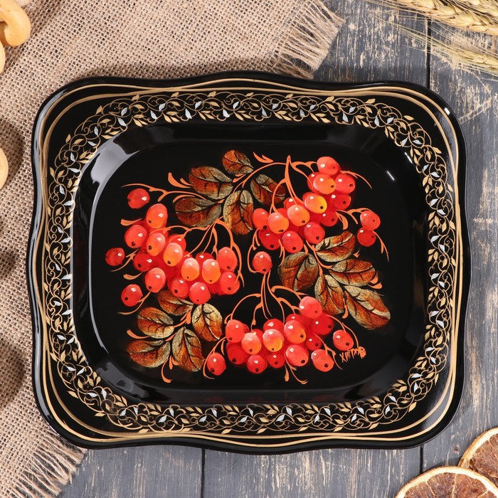 

Поднос жовтовский "Калина", чёрный, авторская роспись, 24х20 см