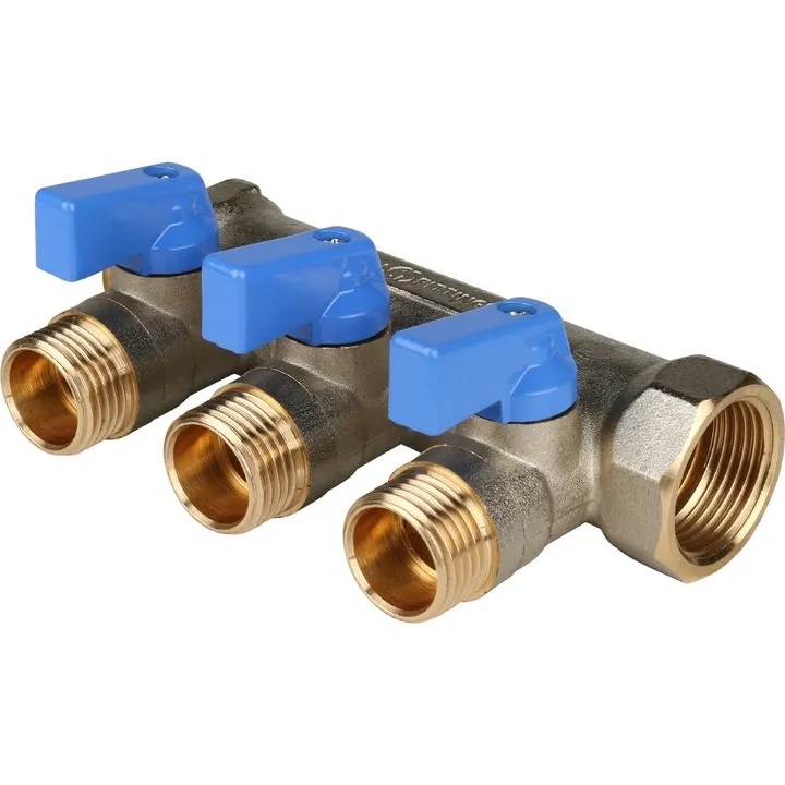 

SMB 6211 341203 STOUT Коллектор с шаровыми кранами 3/4", 3 отвода 1/2" (синие ручки)