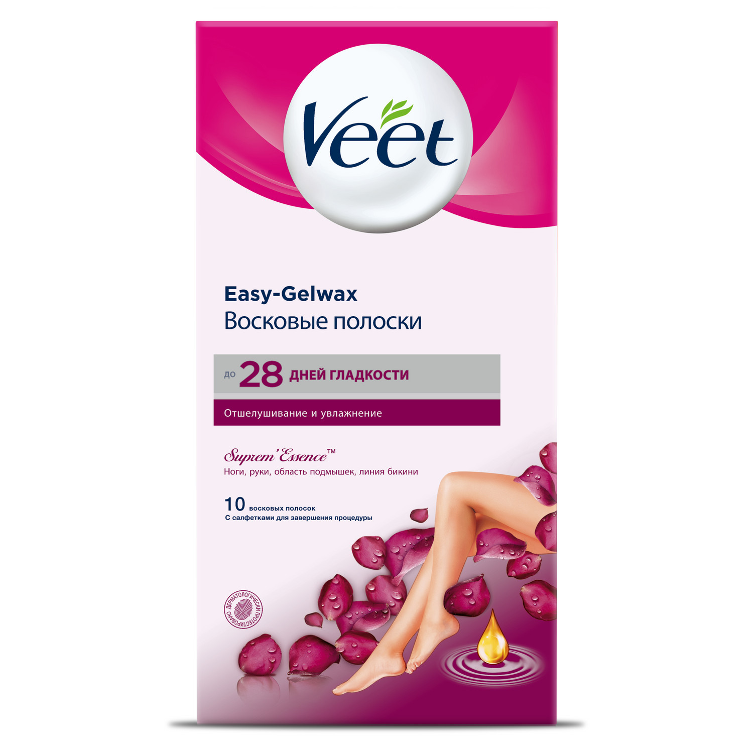 фото Восковые полоски veet suprem essence с ароматом бархатной розы и эфирными маслами, 10 шт.