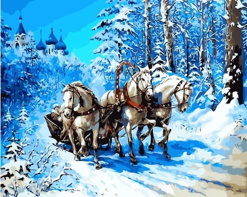 фото Картина по номерам цветной тройка лошадей, 40x50