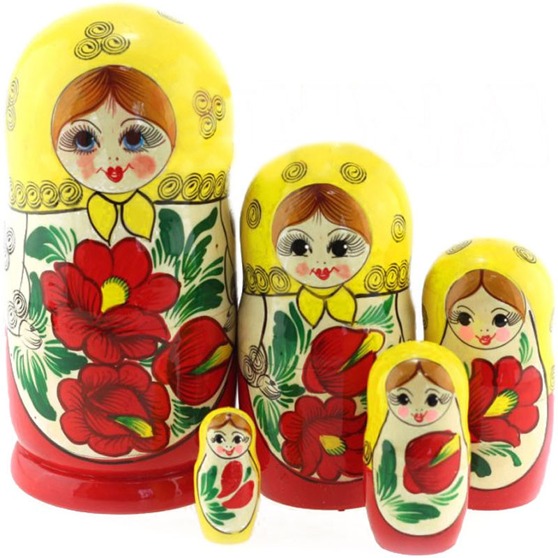 

Матрешка Желтый платочек, красные цветы 5 мест, 18 см MS0504yr, Красный