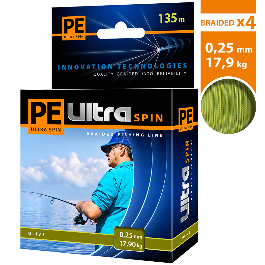 Плетеный шнур AQUA PE ULTRA SPIN Olive 0,25mm 135m, цвет - оливковый, test - 17,90kg