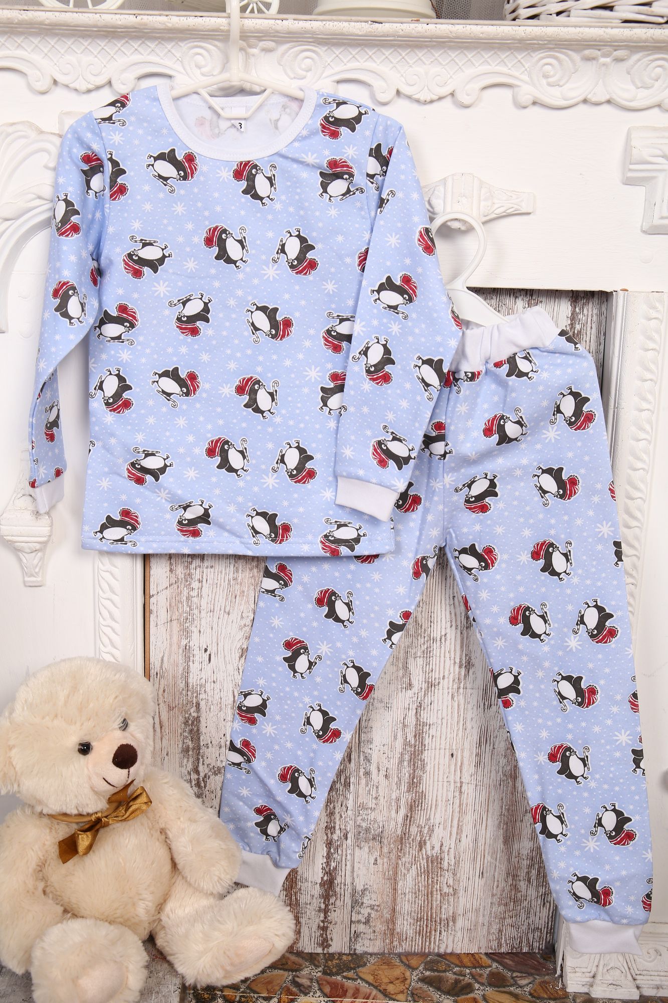 Пижама детская теплая, модель 316, трикотаж 22 размер, Веселые пингвины