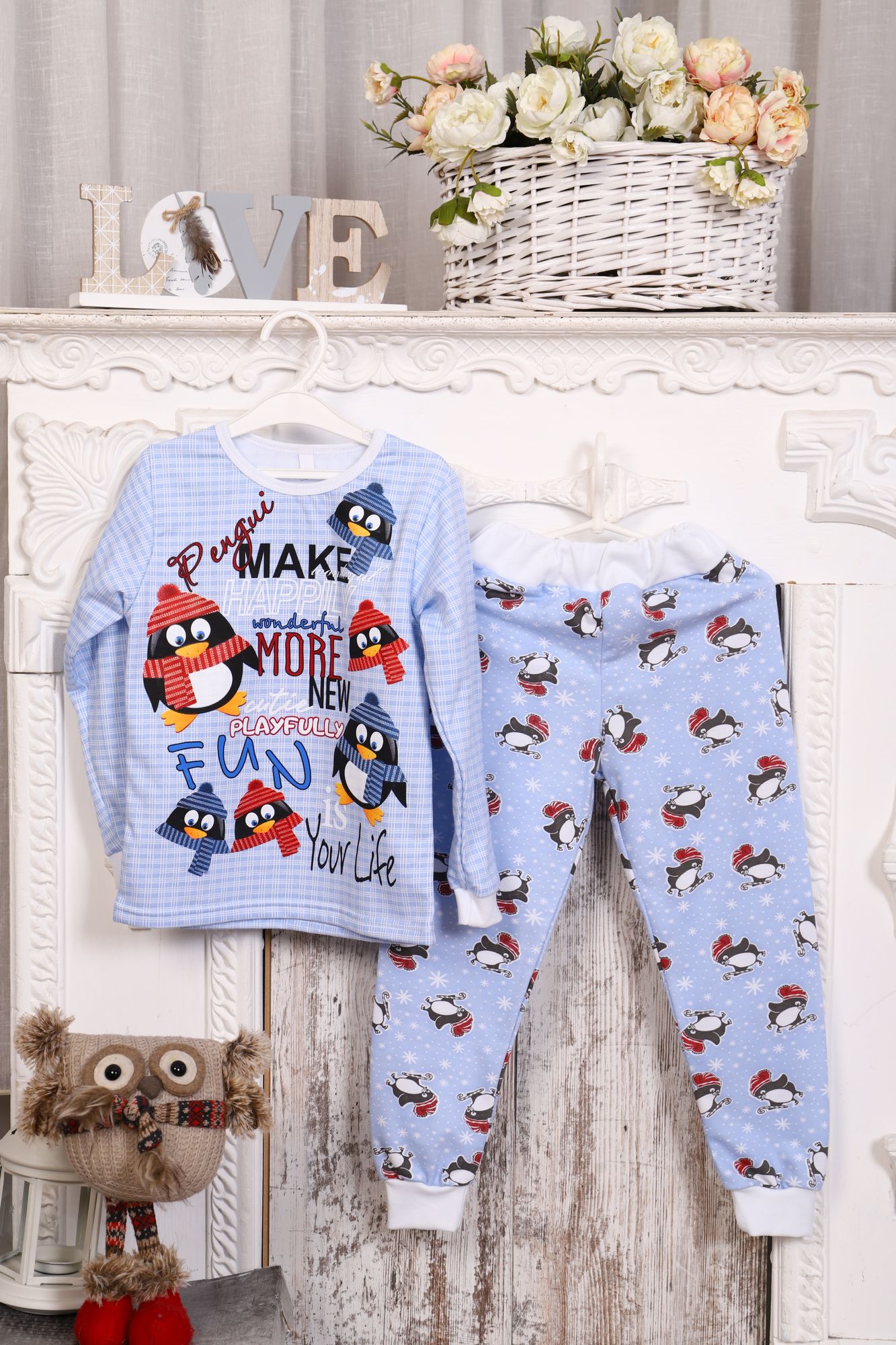 Пижама детская теплая, модель 318, трикотаж 22 размер, Пингвины