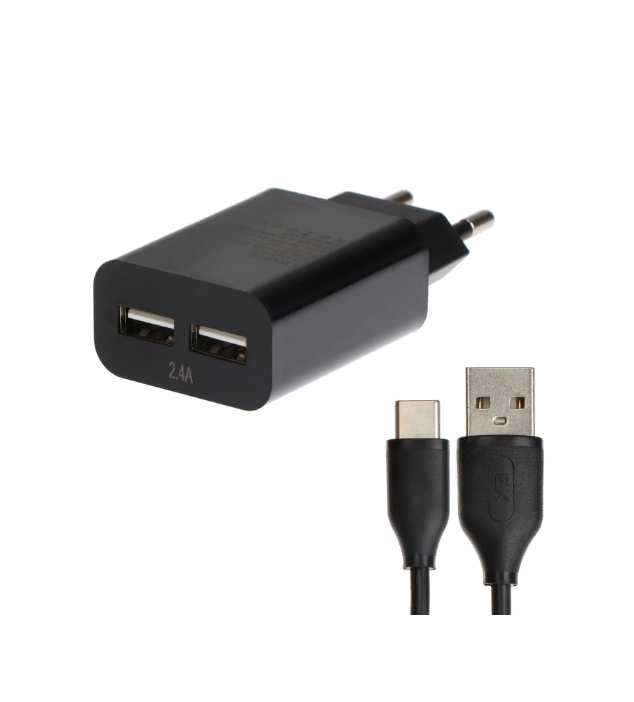 

Сетевое зарядное устройство Exployd EX-Z-1424, 2 USB, 2.4 А, кабель Type-C, 1 м, черное