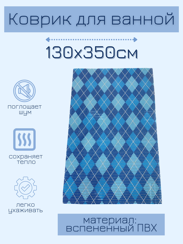 

Напольный коврик Милкитекс для ванной из вспененного ПВХ 130x350 см, синие ромбы, комфорт