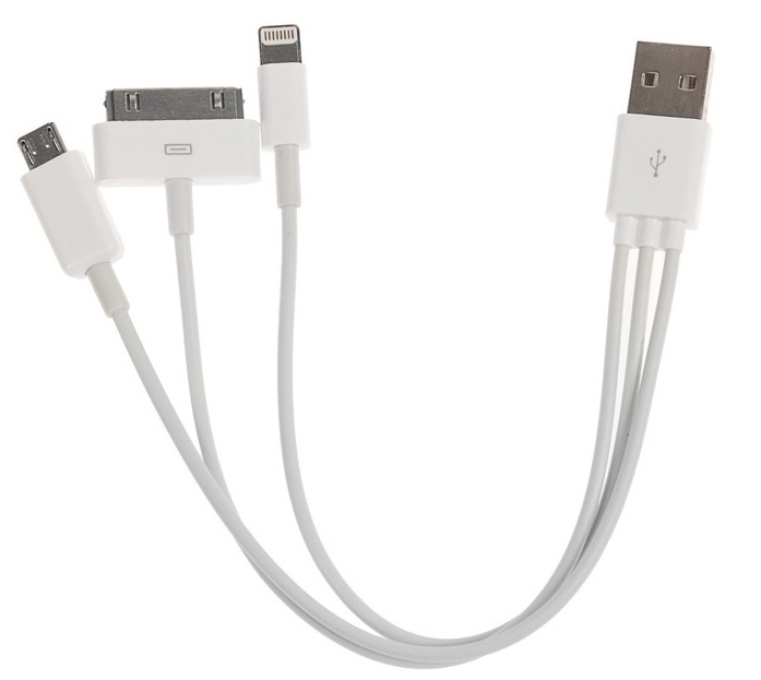 Кабель 3 в 1 LuazON, microUSB/Lightning/iPhone 30-pin-USB, 1 А, 0.2 м, белый