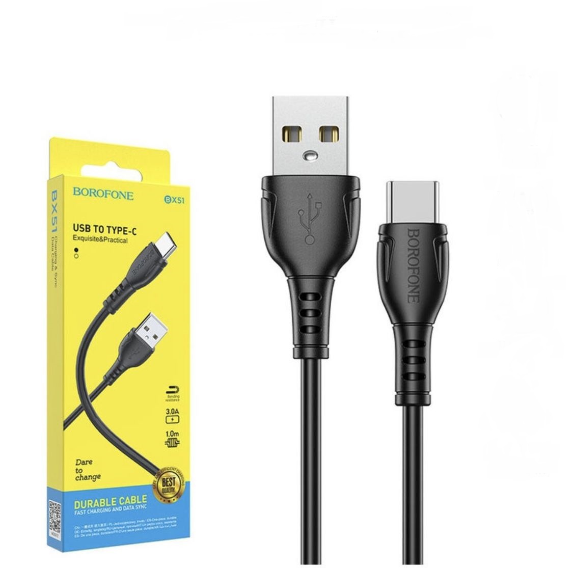 Кабель Borofone BX51 USB - Type-C PVC оплётка, 3А, 1 м, черный